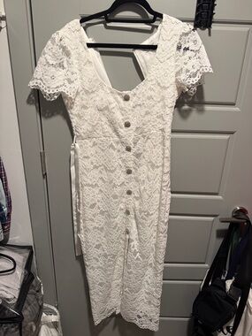 White Lace Button-Front Midi Dress with Short Sleeves